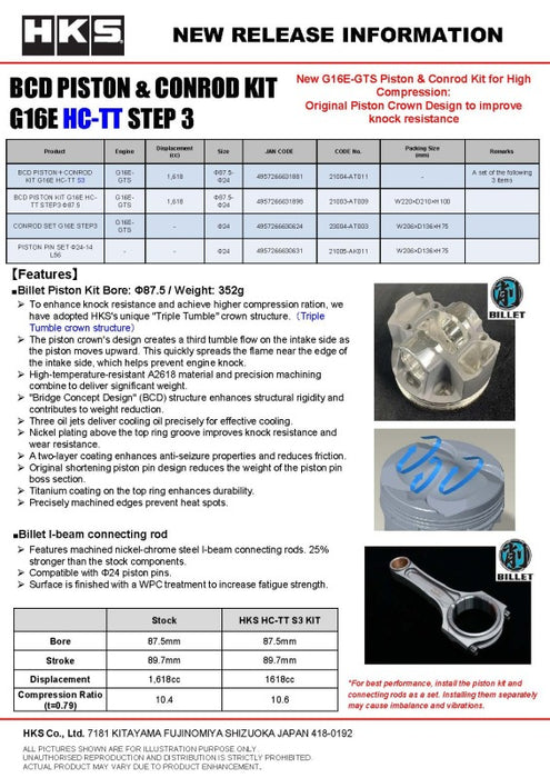 HKS BCD Piston Kit G16E HC-TT STEP3 S3 D87.5