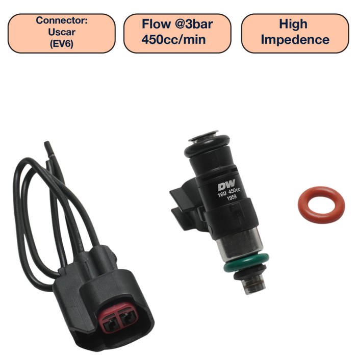 DeatschWerks Universal 450cc Single Fuel Injector / 34mm Length / 14mm O-Ring Seals