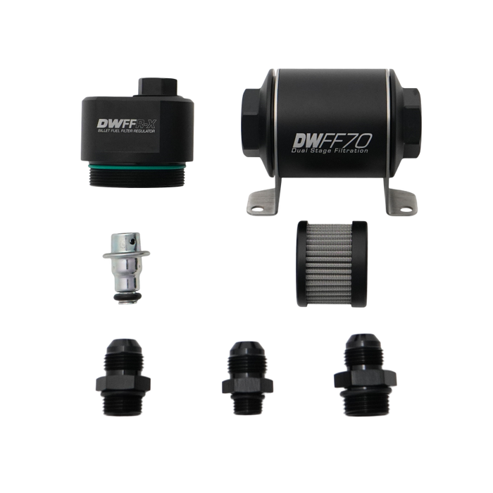 DeatschWerks DWFFR-X 70mm Billet Fuel Filter Regulator - 10 Micron with 8AN Fittings